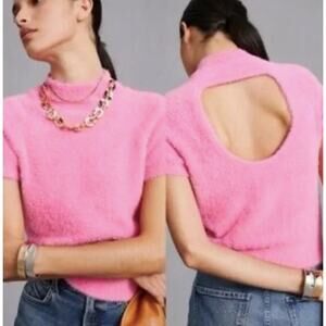 Anthropologie Pink Fuzzy Short-Sleeve Sweater with Back Cutout